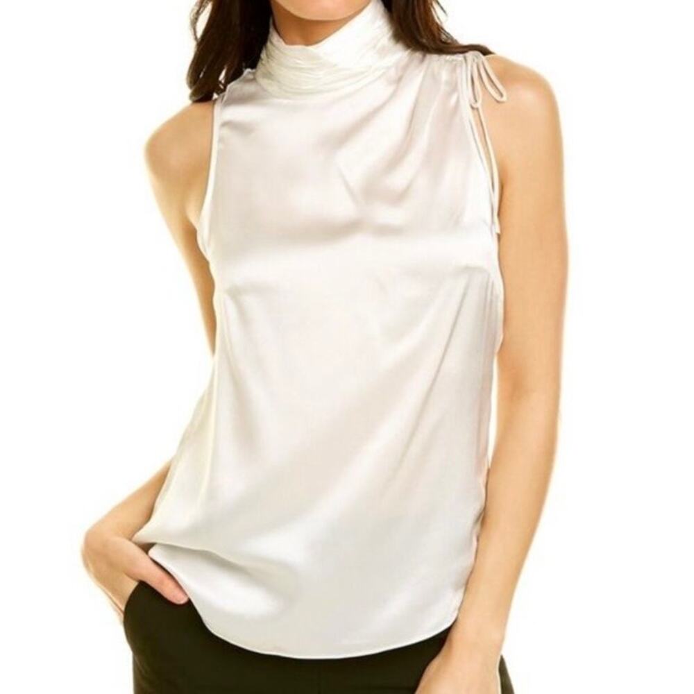 Cinq à Sept Kamille Silk Top Ivory XS Mock Neck Tie Shoulder